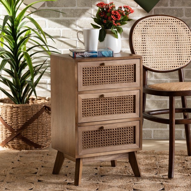 Baden Mid-Century Modern Walnut Brown Finished Wood 3-Drawer Nightstand With Rattan, , alternate image number null