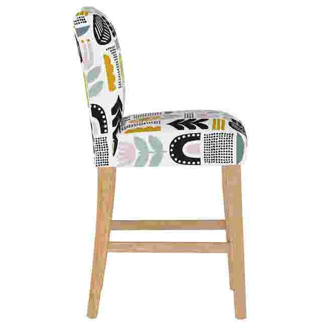 Side view of the Helsinki Block Counter Stool with a patterned fabric cover featuring geometric and floral designs.