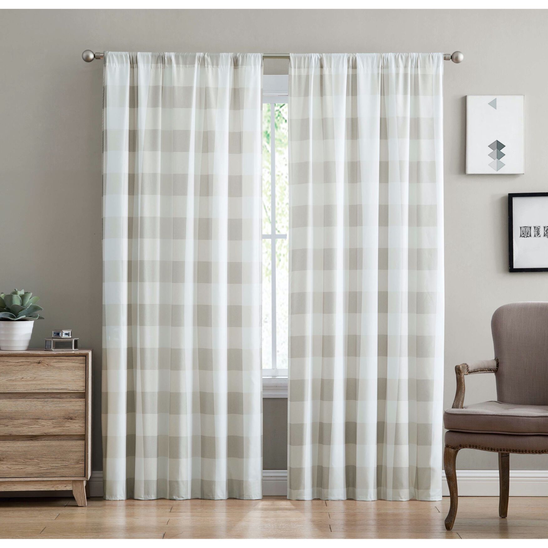 Everyday Buffalo Plaid Drapes, KHAKI, hi-res image number 0
