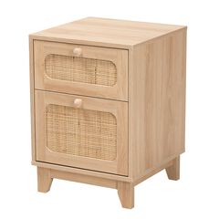Elsbeth Mid-Century Modern Light Brown Finished Wood And Natural Rattan 1-Drawer End Table