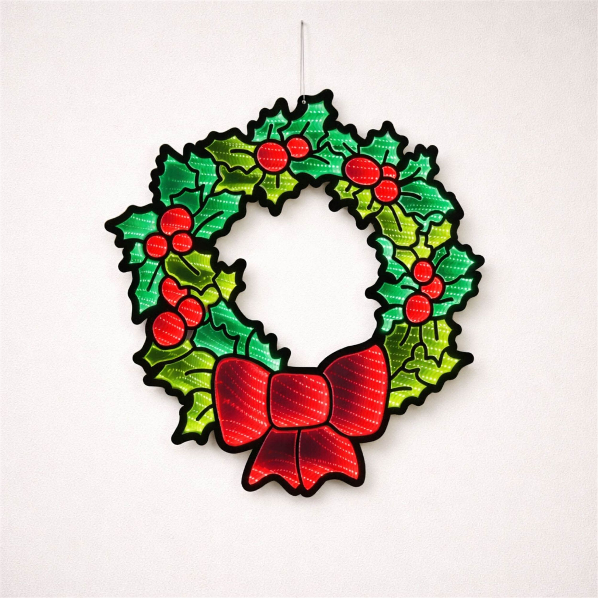 Hanging Holly Wreath with Bow Ekkolight 24 inchesH, RED GREEN, alternate image number 3
