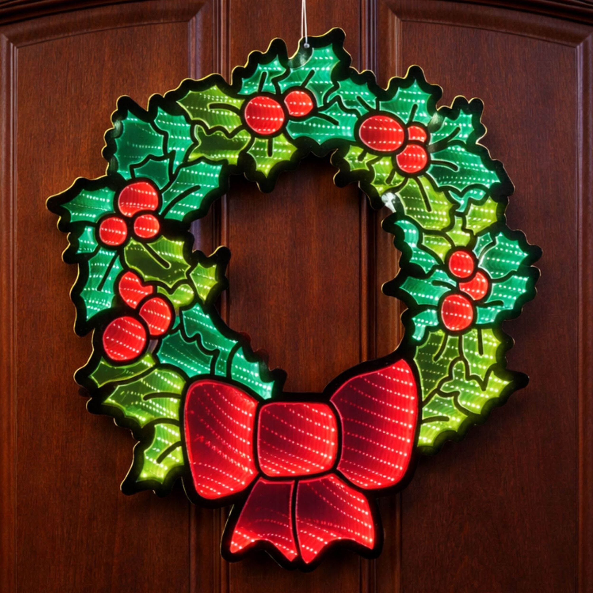 Hanging Holly Wreath with Bow Ekkolight 24 inchesH, RED GREEN, alternate image number 1
