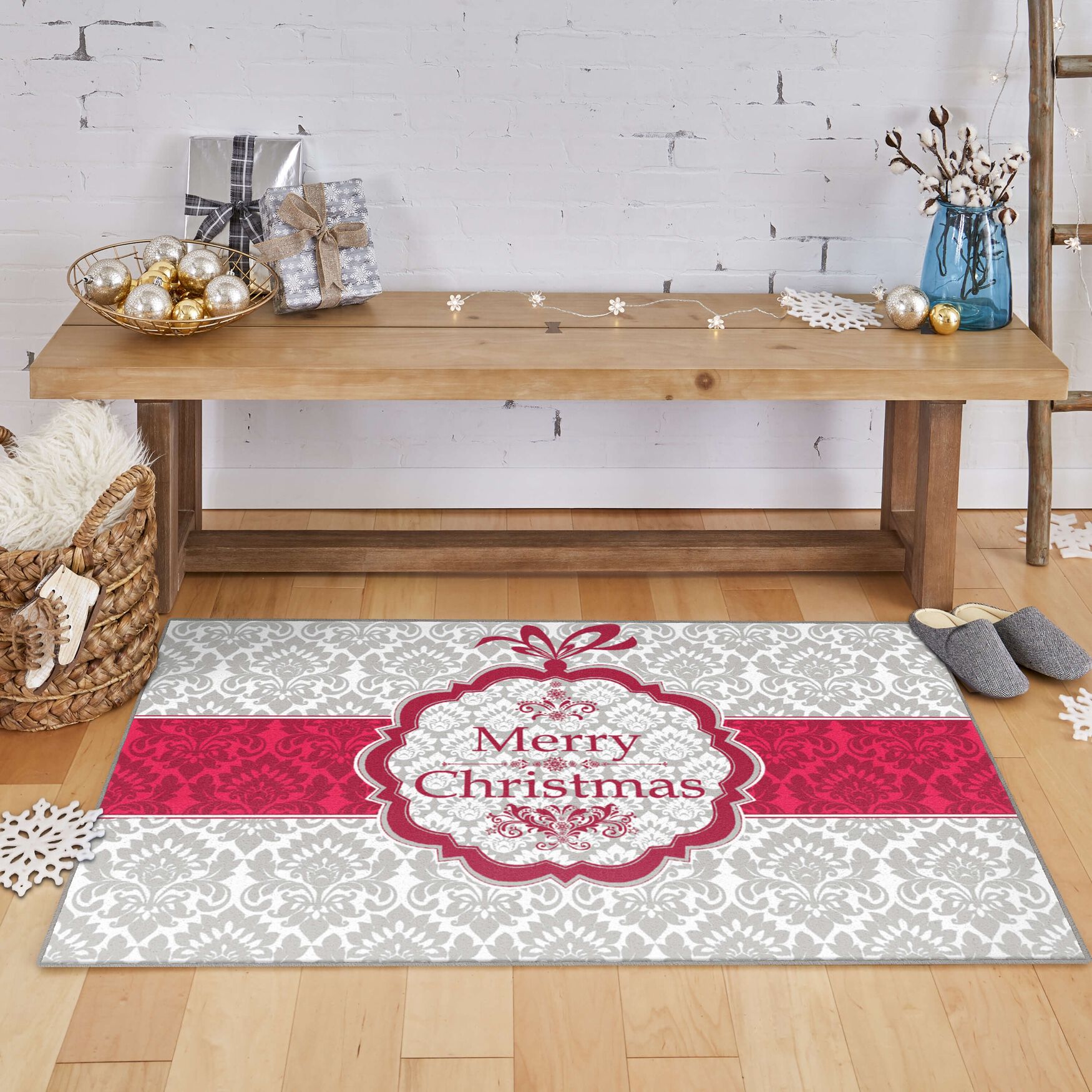Christmas Damask Grey Kitchen Rug, , alternate image number 3