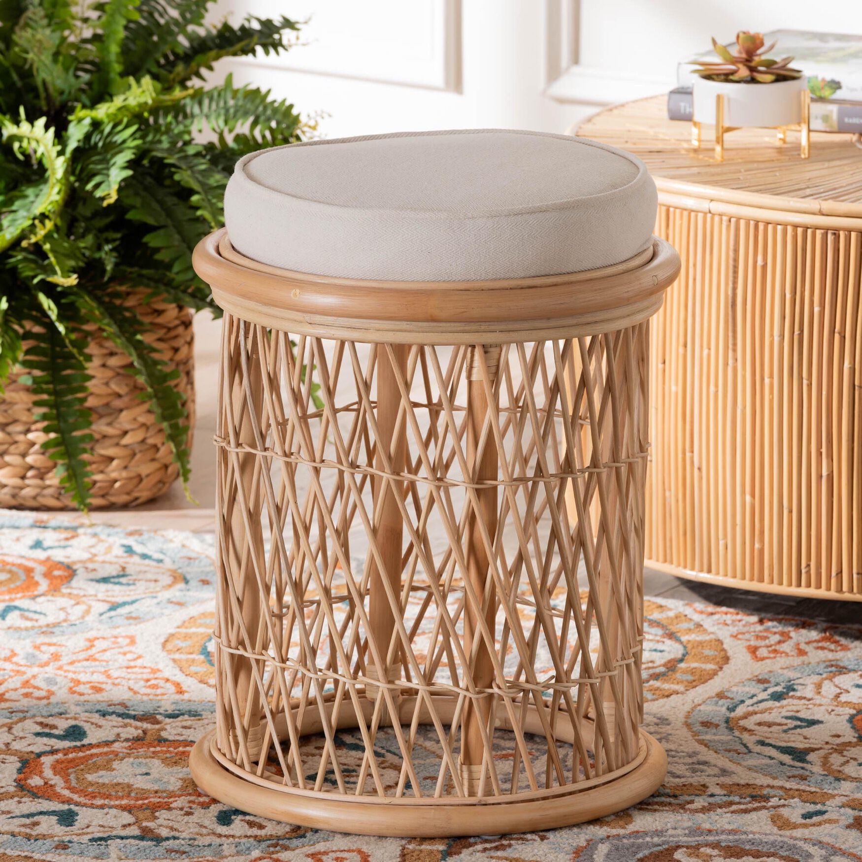 Junius Bohemian Natural Rattan Ottoman Footstool, , alternate image number 3