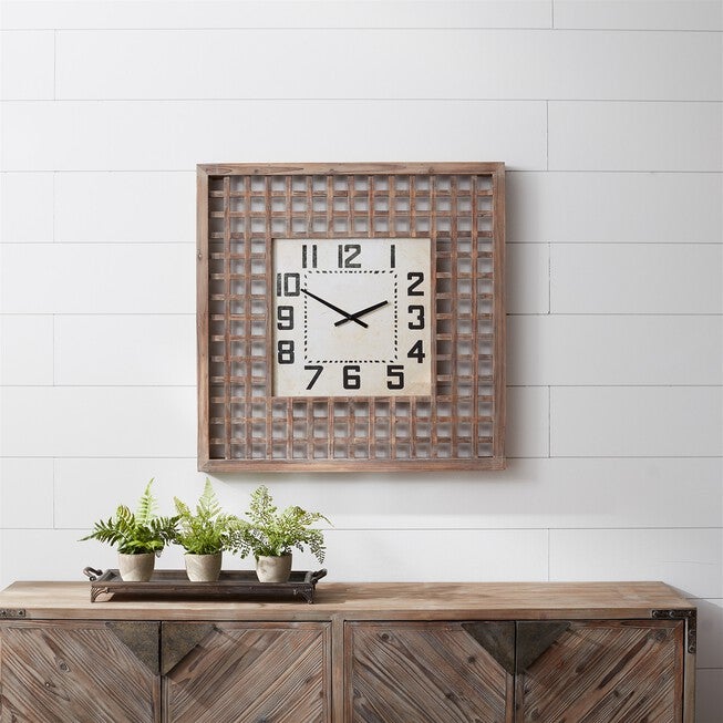 Lattice Wood Wall Clock 29.5 inchesSQ, BEIGE, alternate image number 1