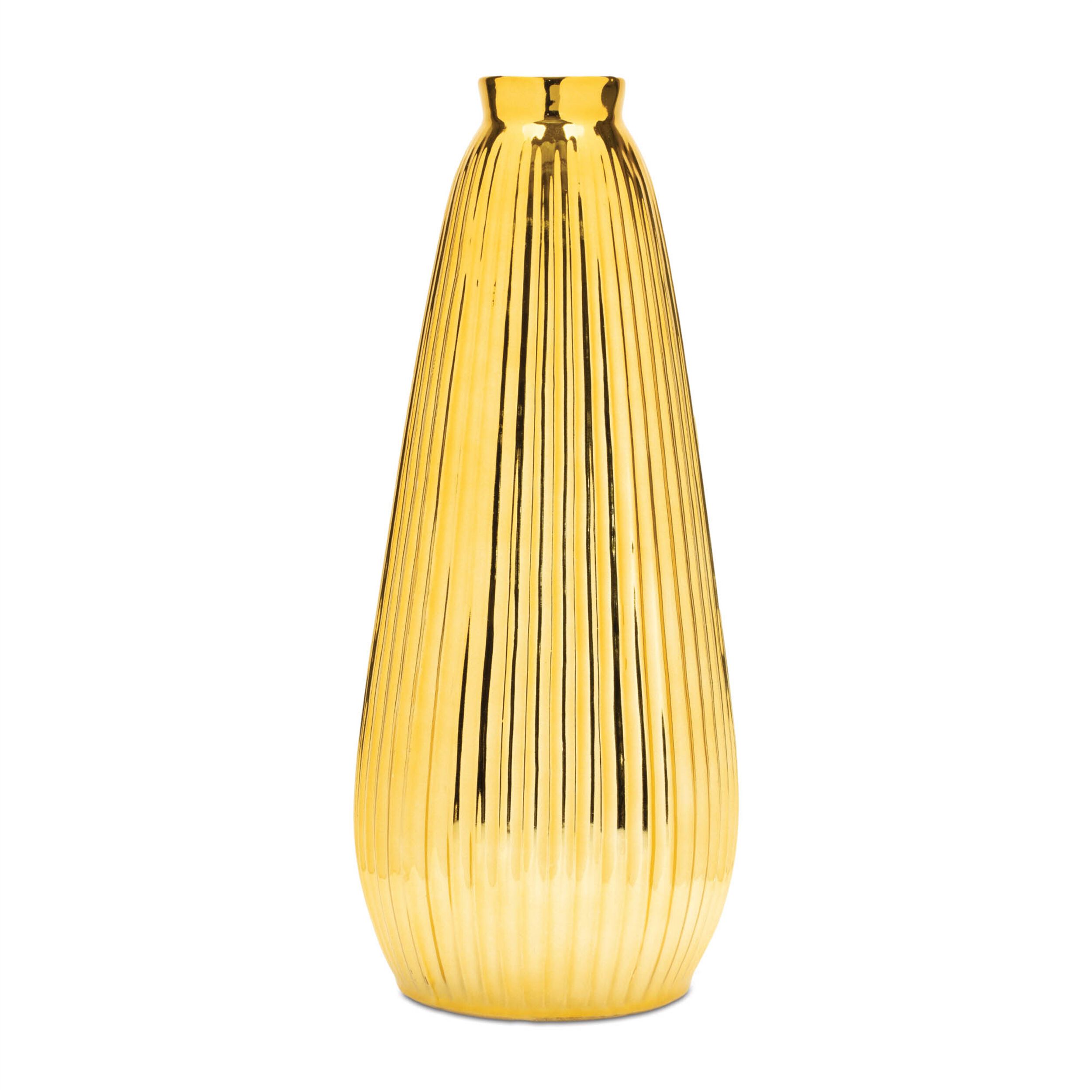 Ribbed Metallic Ceramic Vase 16.5INH, GOLD, hi-res image number 0