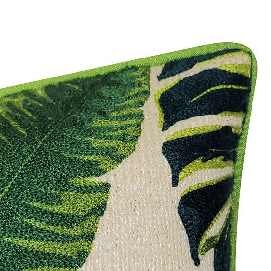 New York Botanical Garden® Indoor/Outdoor Raffia Embroidered Leaves Decorative Throw Pillow 12X20, Green Multi, , alternate image number null