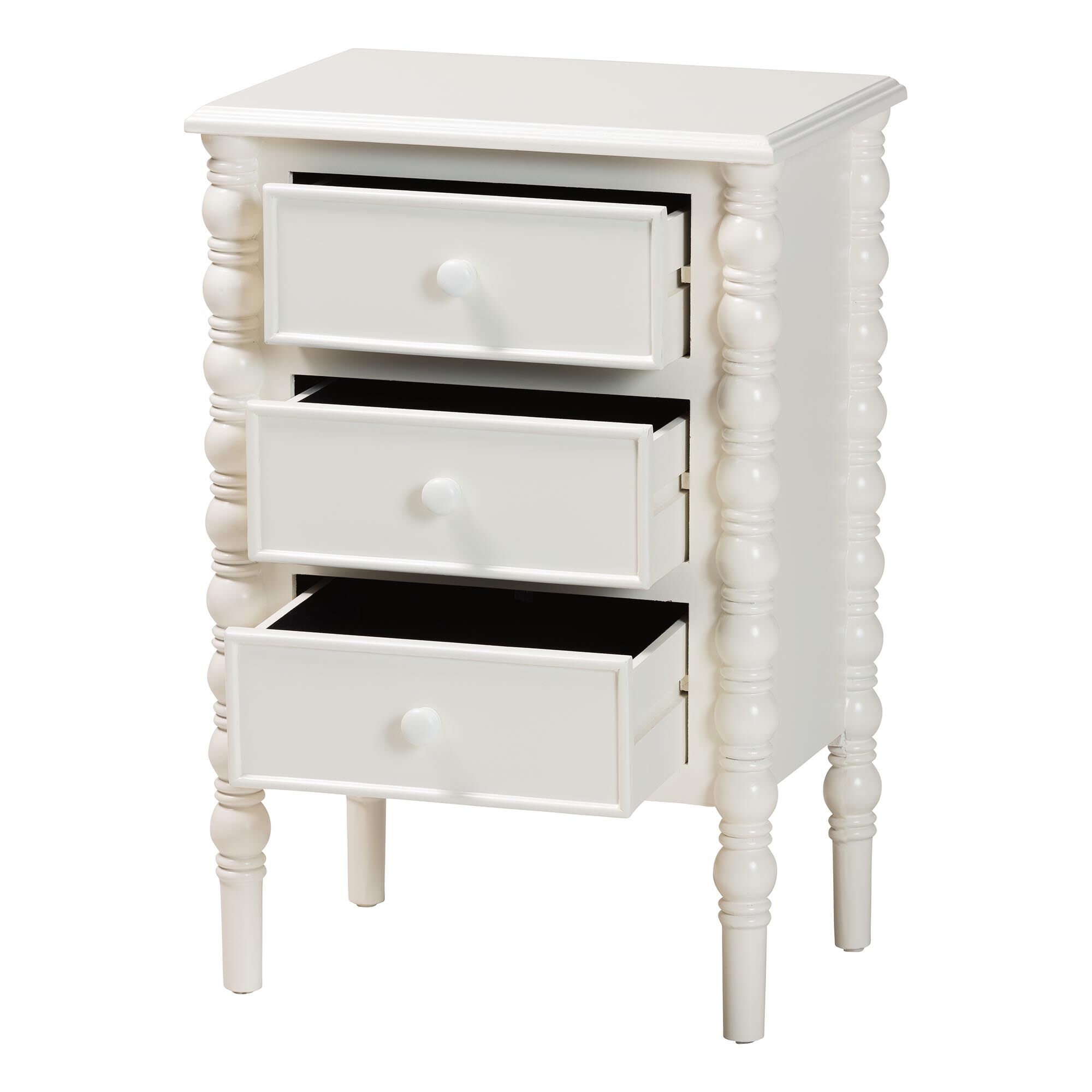 Malinda Classic White Wood 3-Drawer End Table with Spindle Legs, WHITE, alternate image number 2