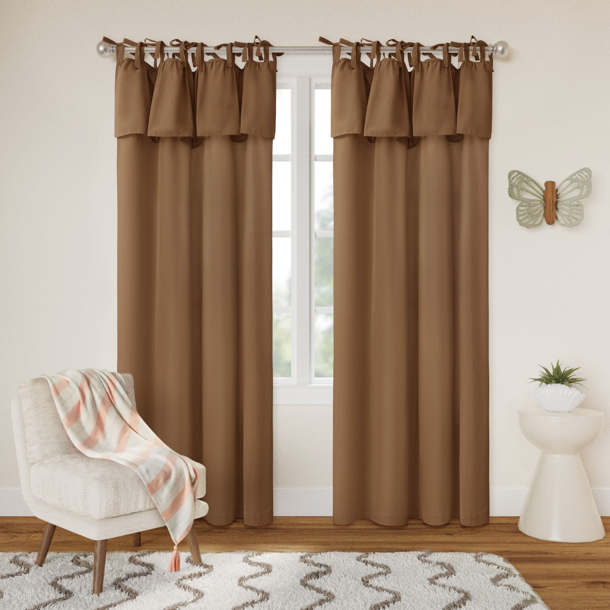 Recycled Cotton Blend Ruffle Tie Top Curtain Pair, COFFEE, hi-res image number 0
