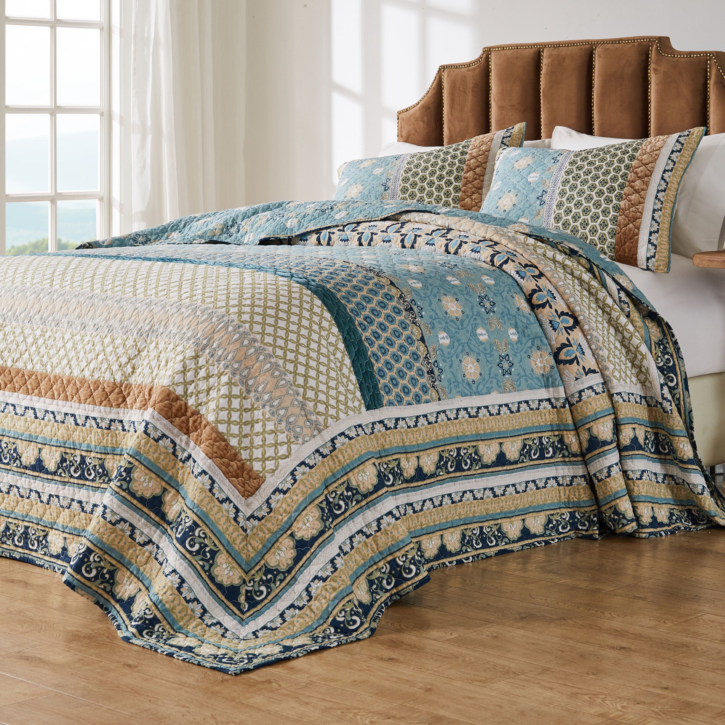 Thalia Reversible Cotton-Rich Bedspread Set, BLUE, hi-res image number 0