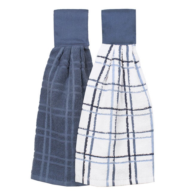 Solid And Multi Check Kitchen Tie Towel, Set Of Two, FEDERAL BLUE, hi-res image number 0