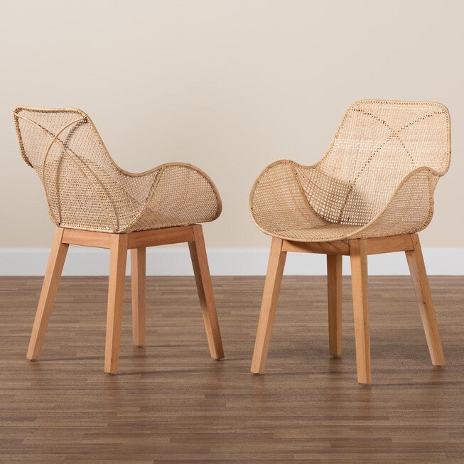 Ballerina Japandi Natural Brown Finished Mahogany Wood And Rattan 2-Piece Dining Chair Set, , alternate image number null