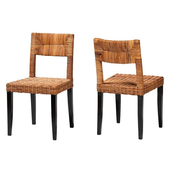 Manrico Modern Bohemian Dark Brown Finished Wood And Natural Rattan 2-Piece Dining Chair Set, DARK BROWN, hi-res image number 0
