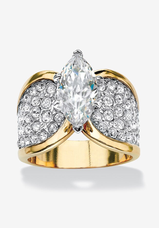 Yellow Gold Plated Cubic Zirconia and Round Crystals Cocktail Ring, GOLD, hi-res image number 0