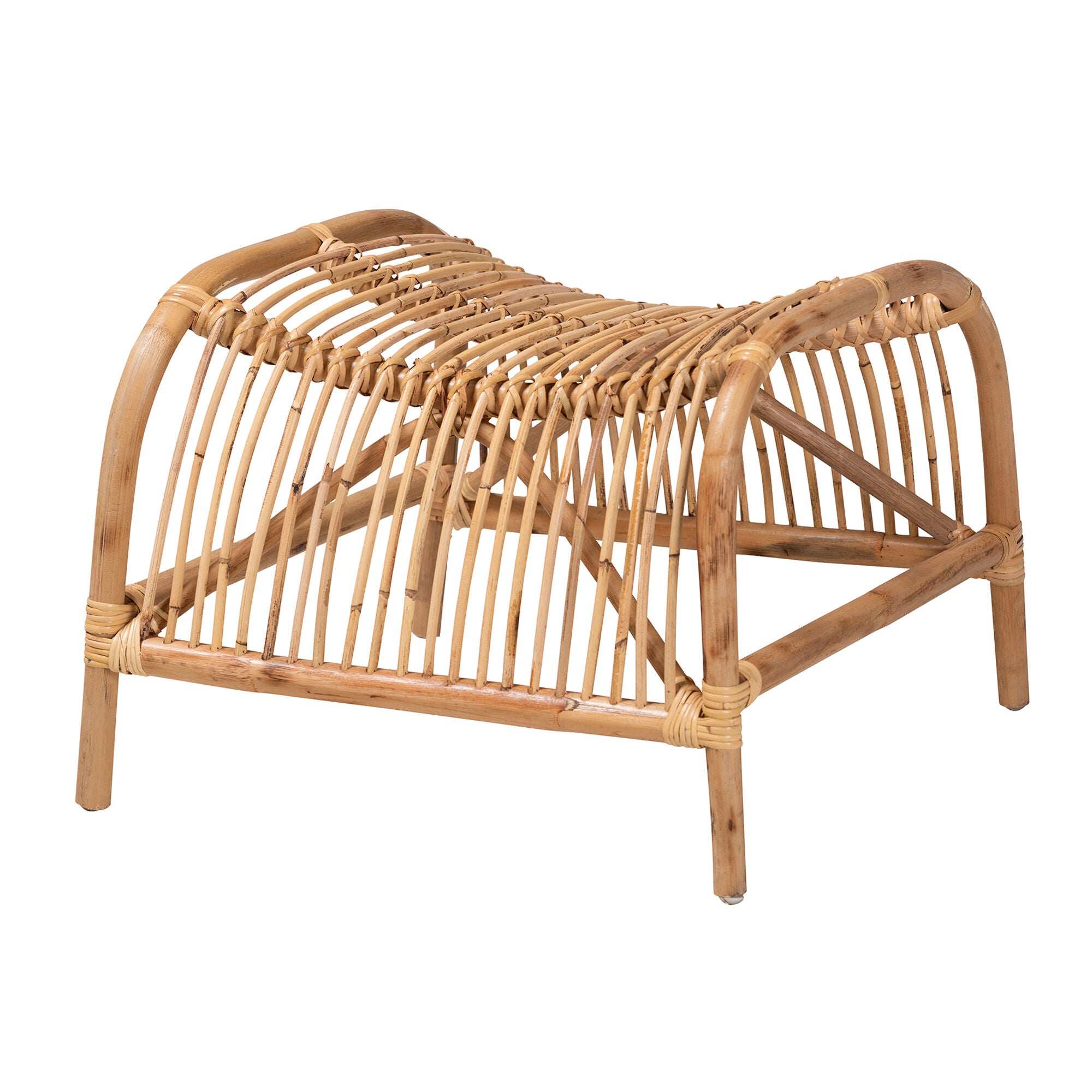 Lamaria Modern Bohmenian Natural Brown Antique Rattan Footstool, NATURAL BROWN, alternate image number 1