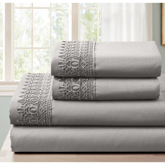 4-pc Lace Trim Sheet Set, GREY, hi-res image number null
