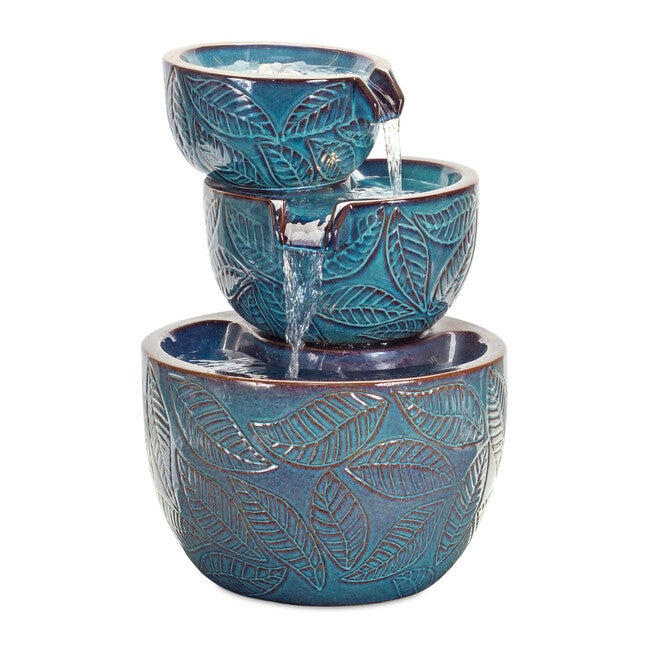 Ceramic Tiered Bowl Fountain With Leaf Design 22.5 inchesH, BLUE, hi-res image number null