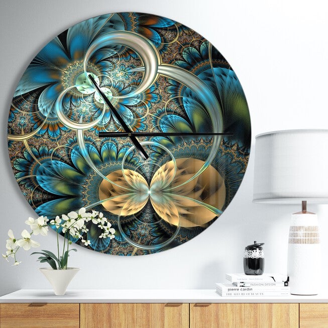 Symmetrical Blue Gold Fractal Flower Modern Wall Clock, BLUE, hi-res image number null