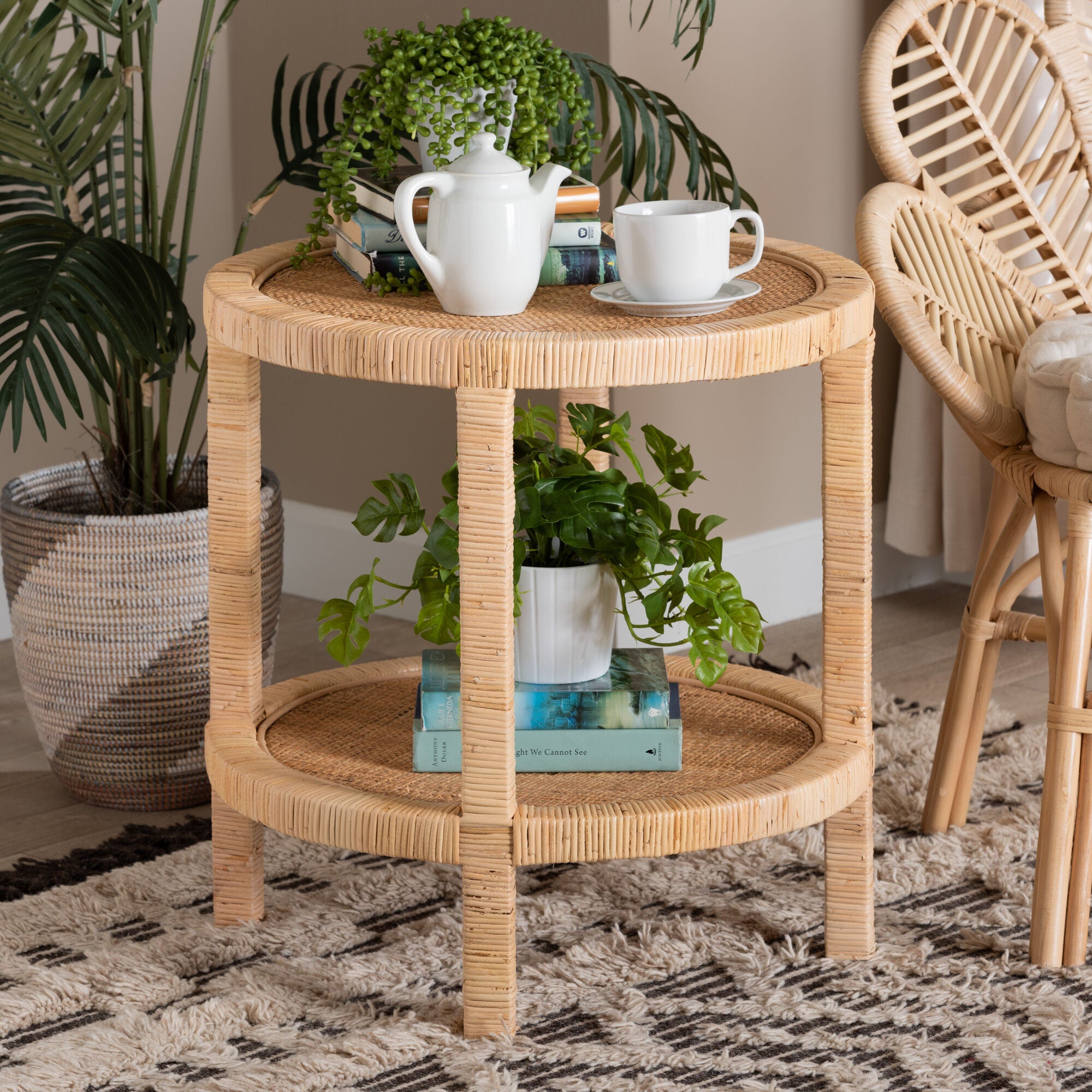 Bella Modern Bohemian Natural Brown Mahogany Wood and Natural Rattan 2-Tier End Table, NATURAL BROWN, hi-res image number 0