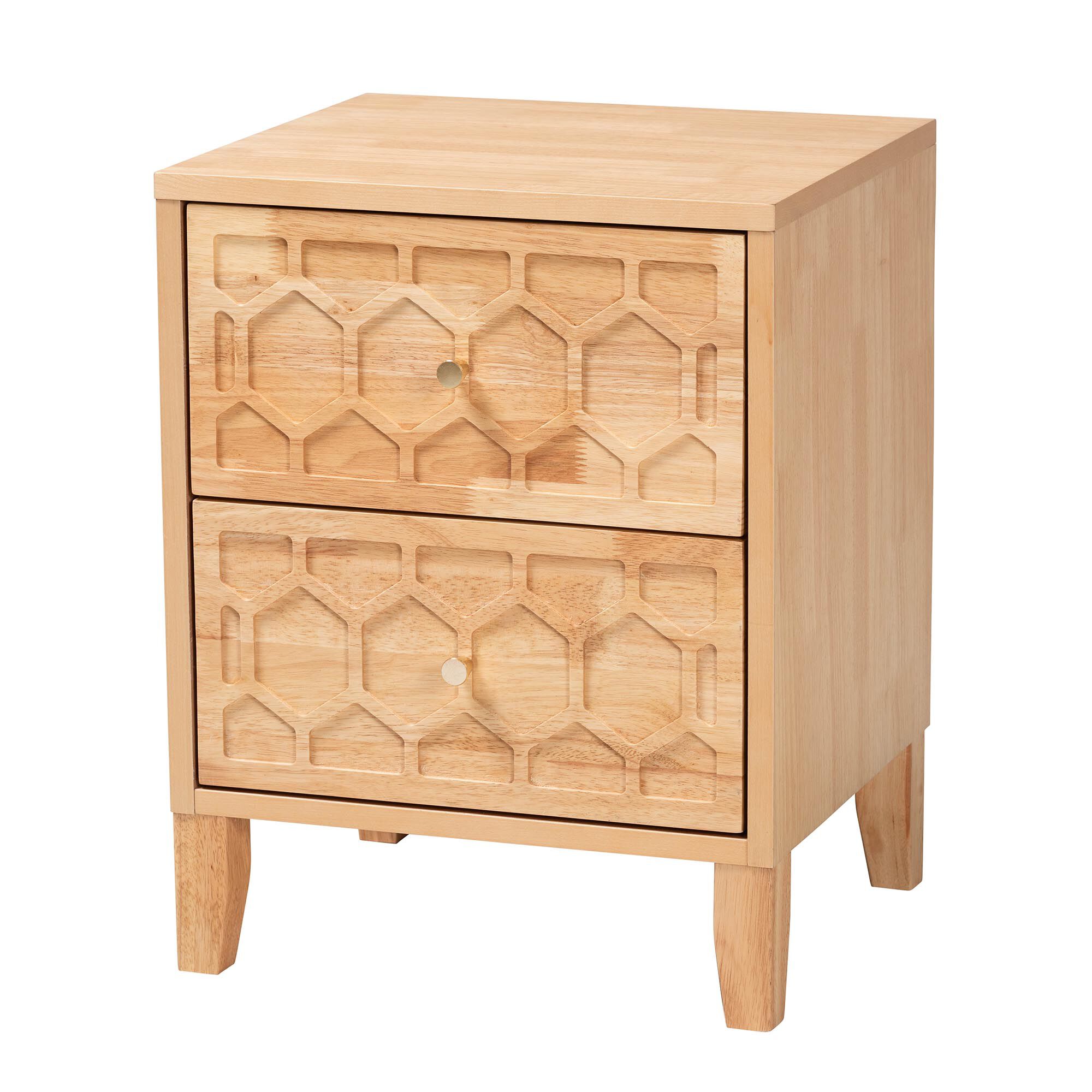 Hosea Japandi Carved Honeycomb Natural 2-Drawer Nightstand, NATURAL, alternate image number 1