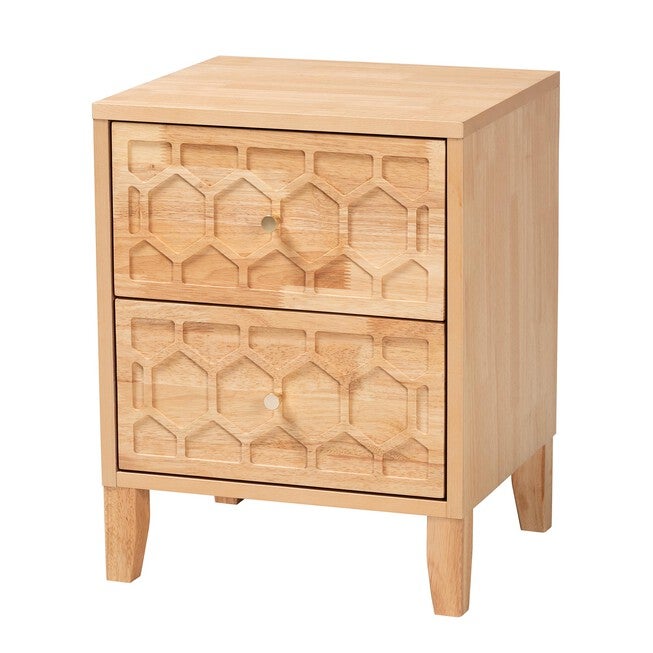 Hosea Japandi Carved Honeycomb Natural 2-Drawer Nightstand, NATURAL, alternate image number 1