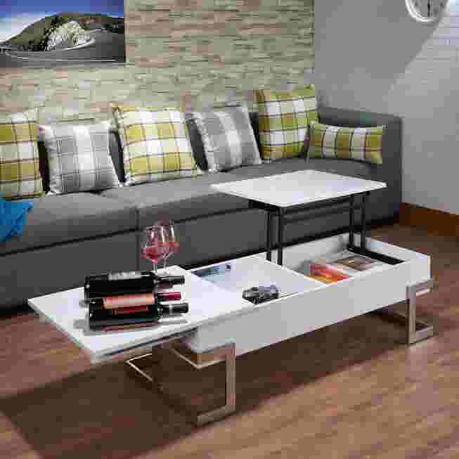 White coffee table with lift top raised, showing storage space