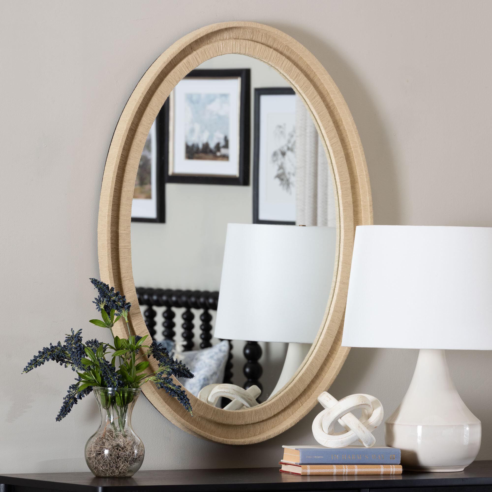 Lailan Oval Woven Grasscloth Mirror, BEIGE, hi-res image number 0