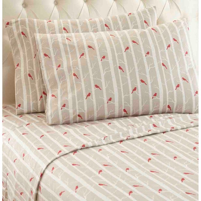 Micro Flannel® Beige Cardinal Bird Print Sheet Set, FLANNEL, hi-res image number 0