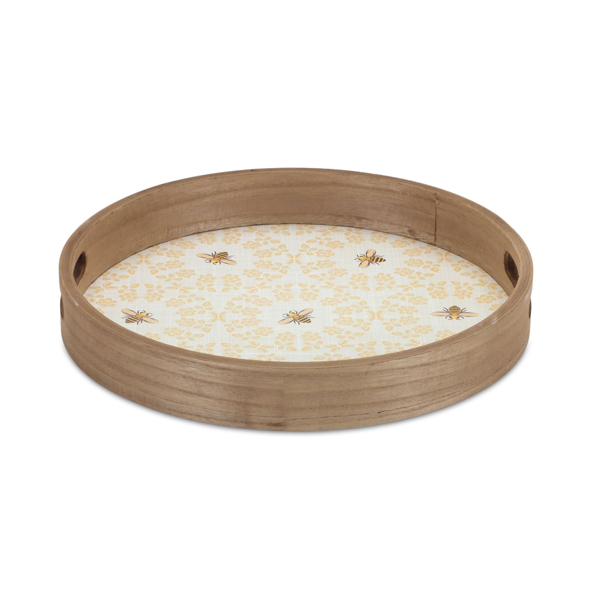 Round Bumble Bee Tray with Natural Wooden Accents (Set of 2), YELLOW BROWN, alternate image number 2