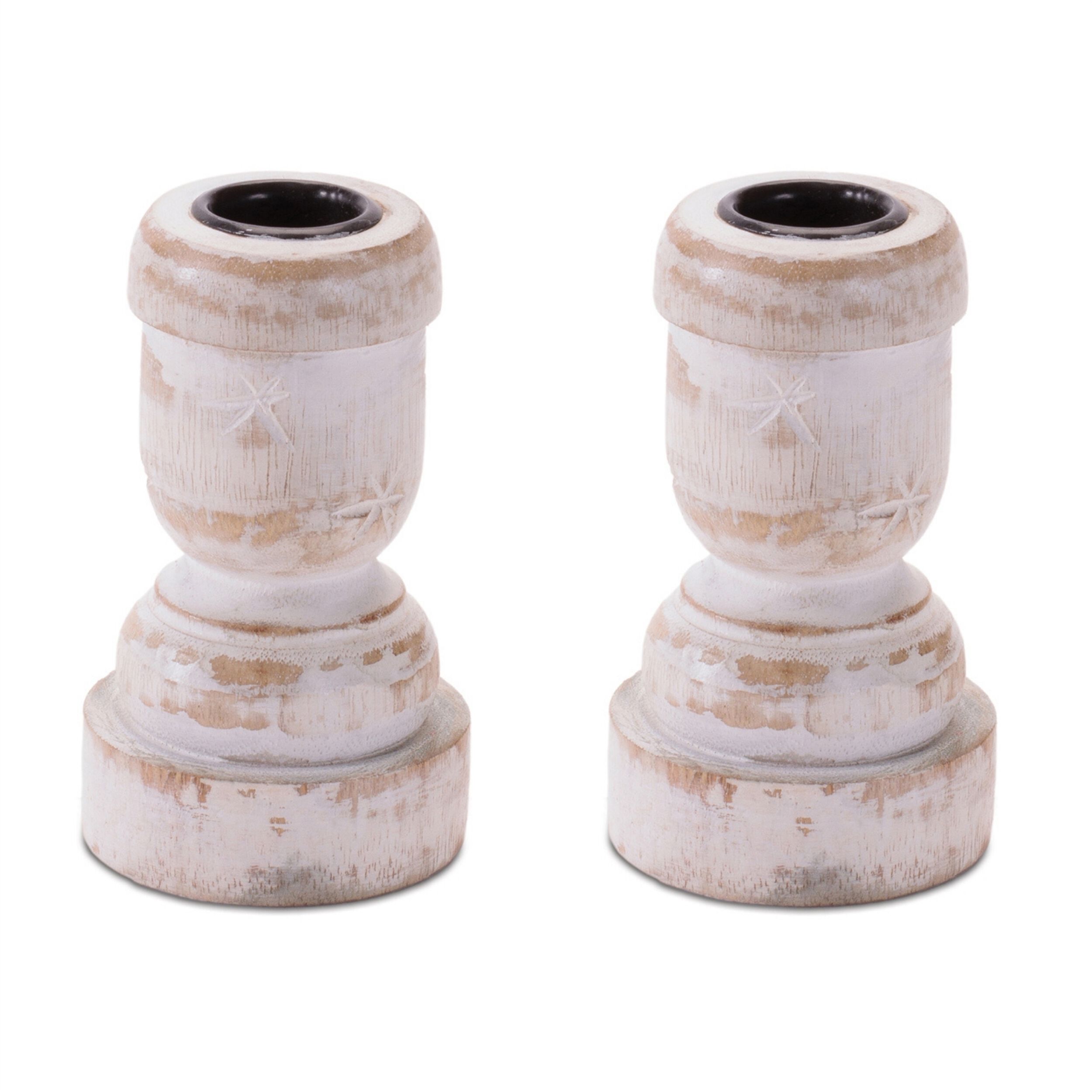 White Washed Wood Taper Candle Holder (Set of 2), WHITE BROWN, alternate image number 3
