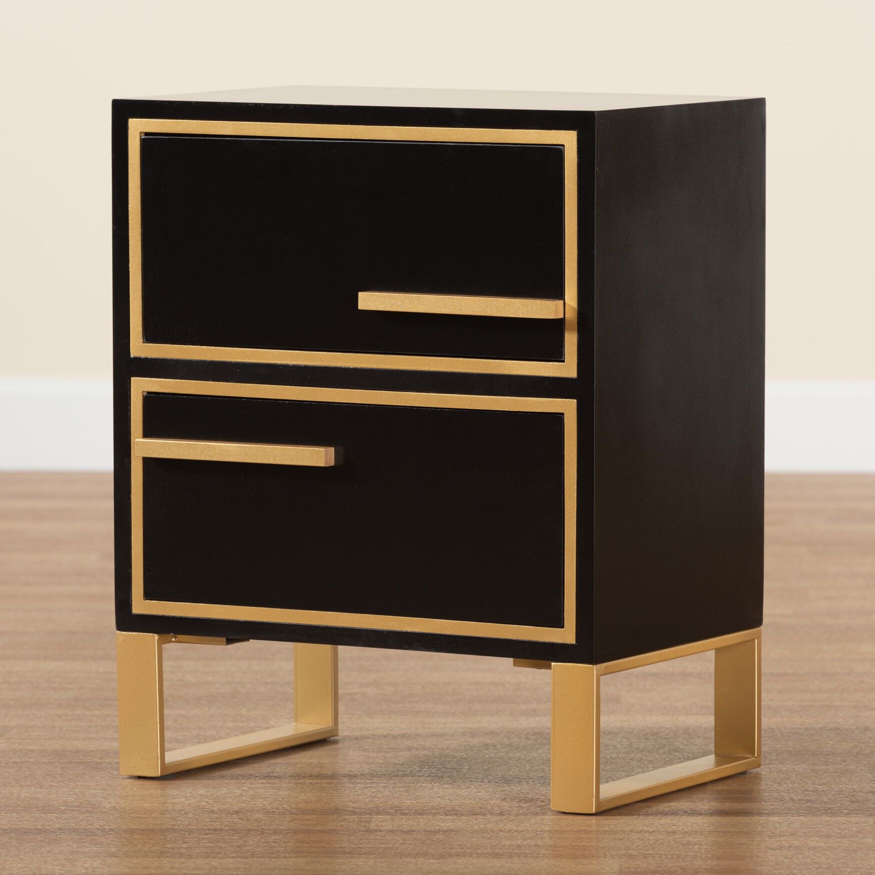 Giolla Contemporary Glam And Luxe Black Finished Wood And Gold Metal 2-Drawer Nightstand, , alternate image number 8