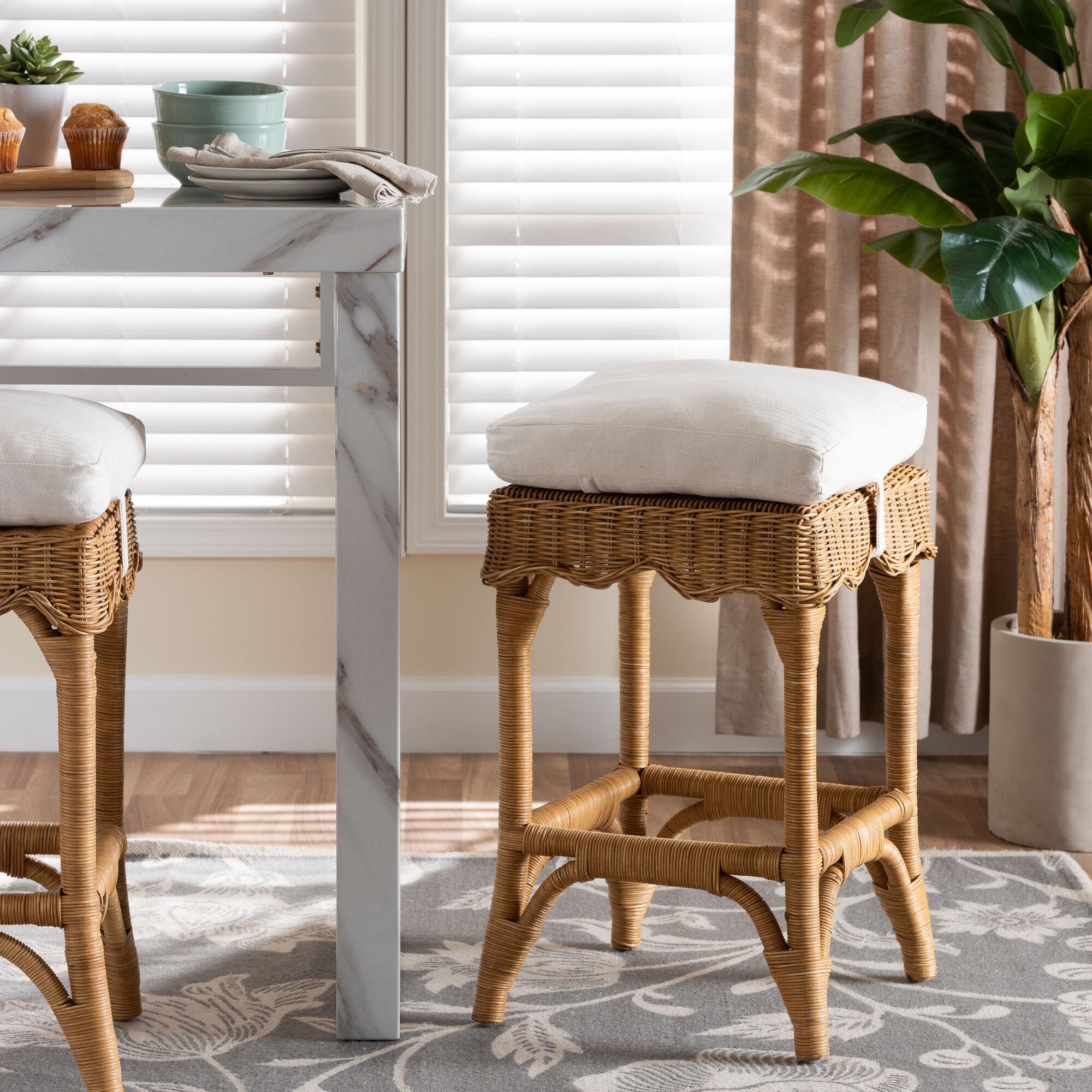 Muy Bohemian Scallop Honey Rattan Counter Stool, HONEY, hi-res image number 0