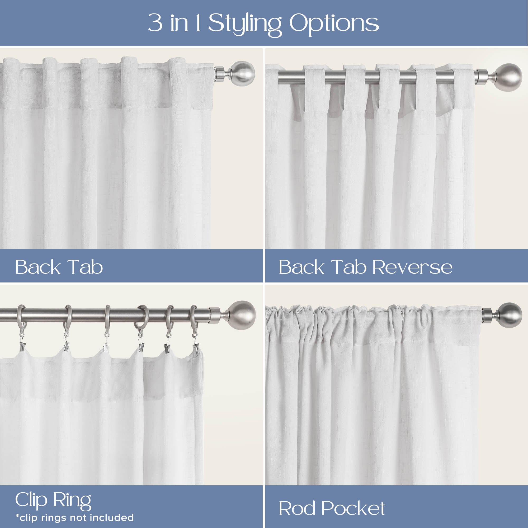 Linen Texture Double Ruffle Back Tab Curtain Pair, WHITE, alternate image number 5