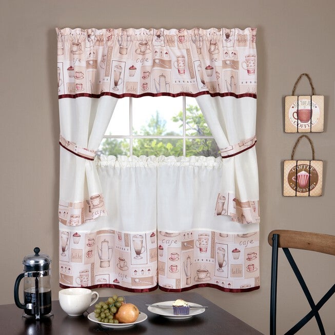 Cappuccino Embellished Cottage Window Curtain Set, BURGUNDY, hi-res image number 0