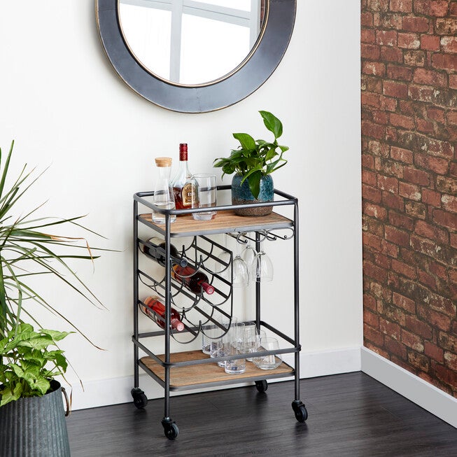 Brown Chinese Fir and Metal Industrial Bar Cart, 30x20x15, , alternate image number null