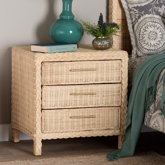 Lanica Japandi Sun Bleached Rattan 3-Drawer Nightstand, PALE, hi-res image number null