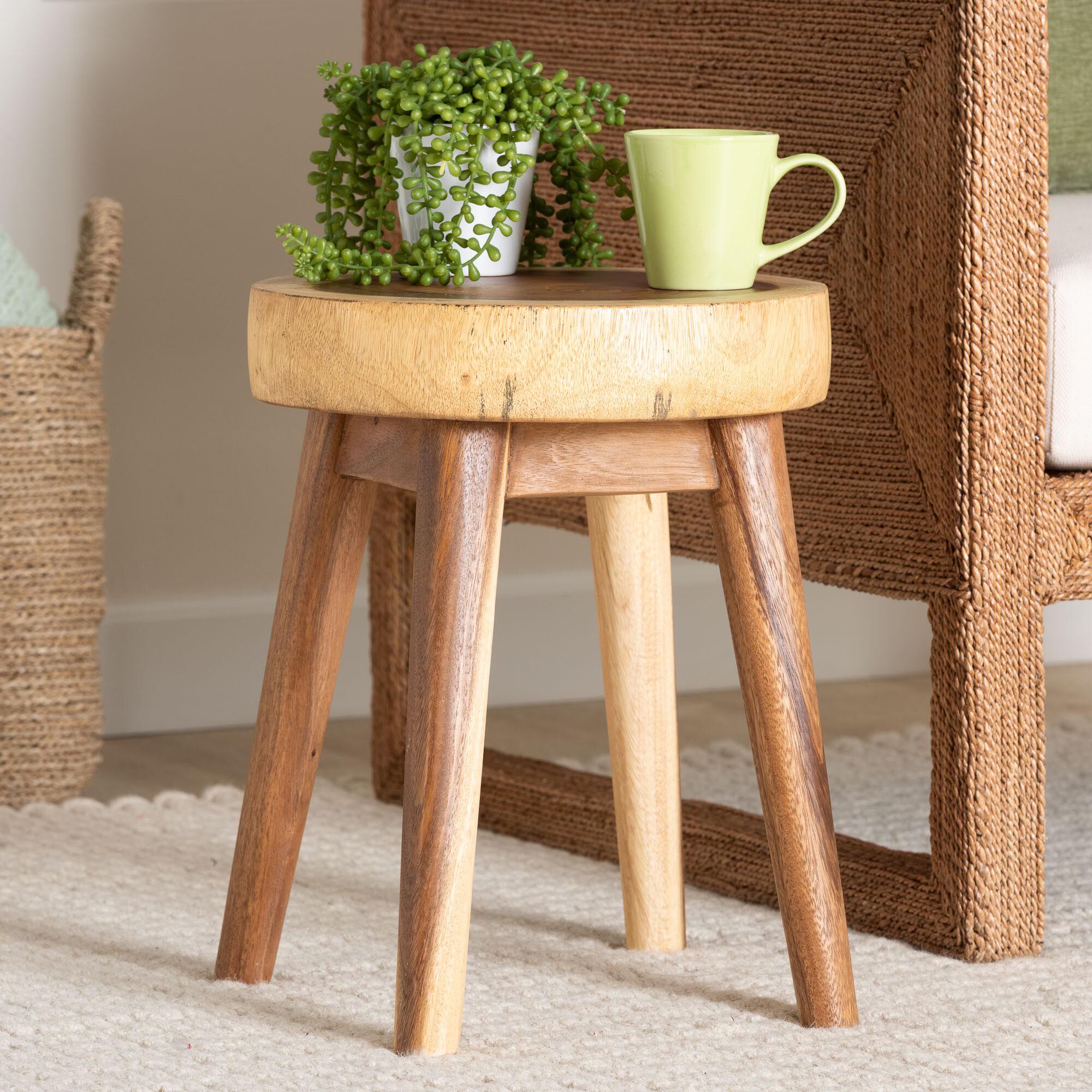 Jia Suar Wood End Table - Handcrafted Side Table with Live Edge Round Top and Tapered Legs, BROWN, hi-res image number 0