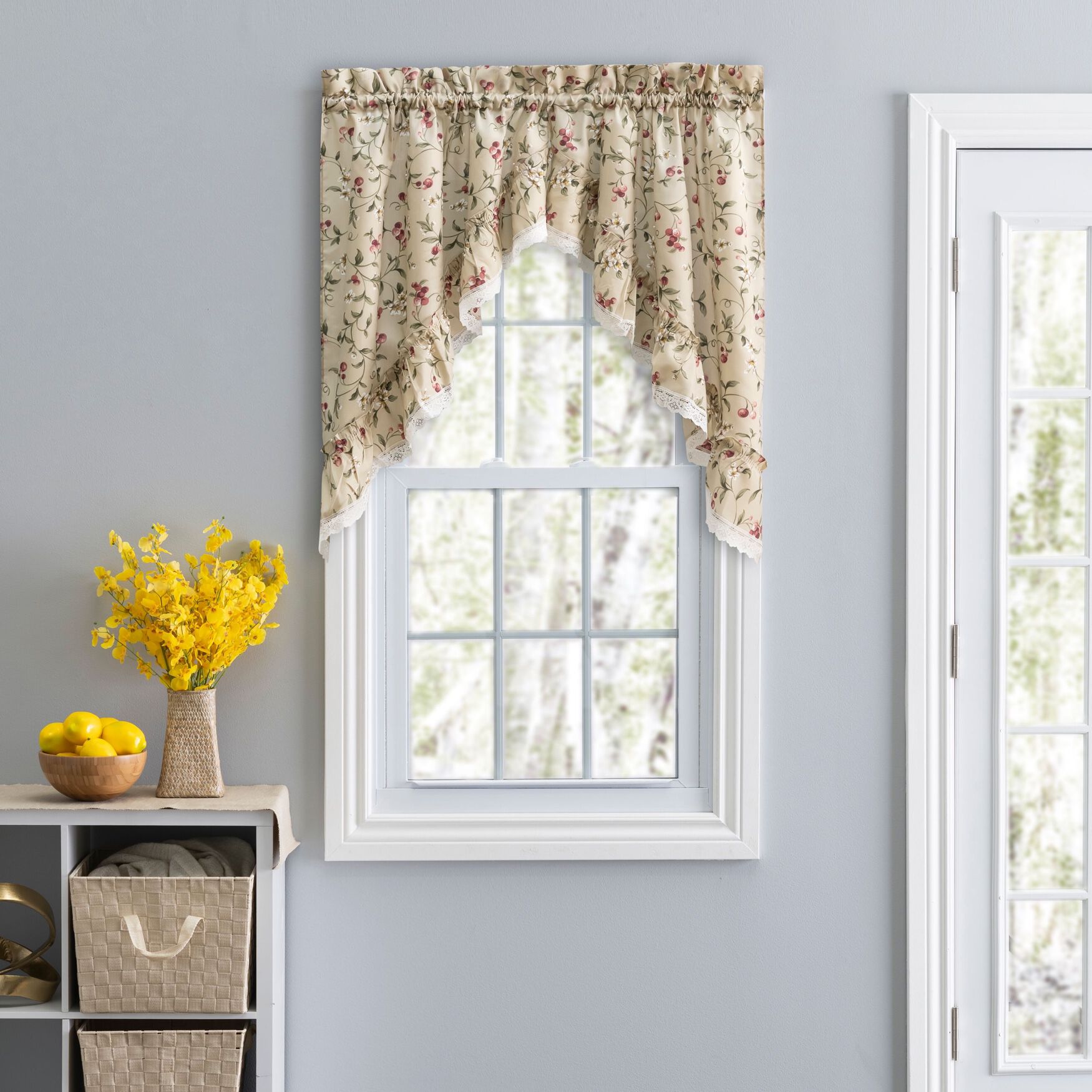 Cherries Curtain Ruffled Swag, NATURAL, hi-res image number 0