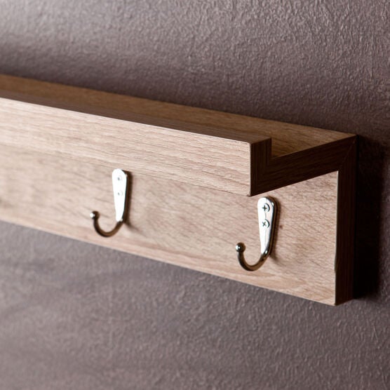 Modern Wood Wall-Mount Shelf with Hooks, , alternate image number null