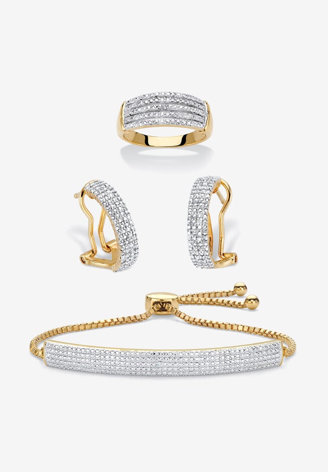 18K Gold-Plated Diamond Accent Demi Hoop Earrings, Ring and Adjustable Bolo Bracelet Set 9 inches, GOLD, hi-res image number 0