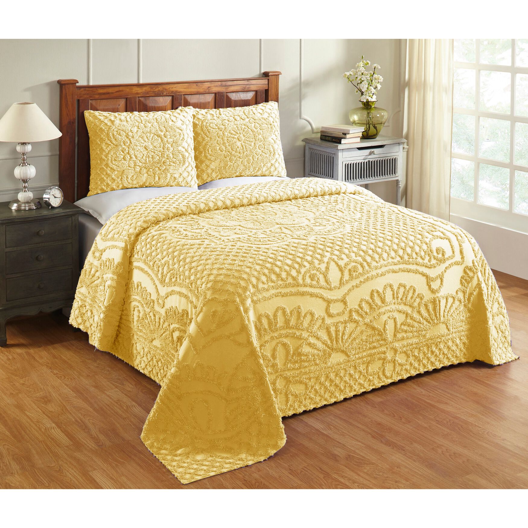 Trevor Collection Tufted Chenille Bedspread Set , YELLOW, hi-res image number 0