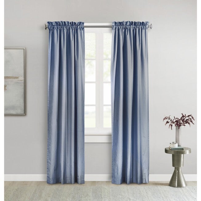 Ticking Stripe Room Darkening Pole Top Curtain Panel Pair, NAVY, hi-res image number 0