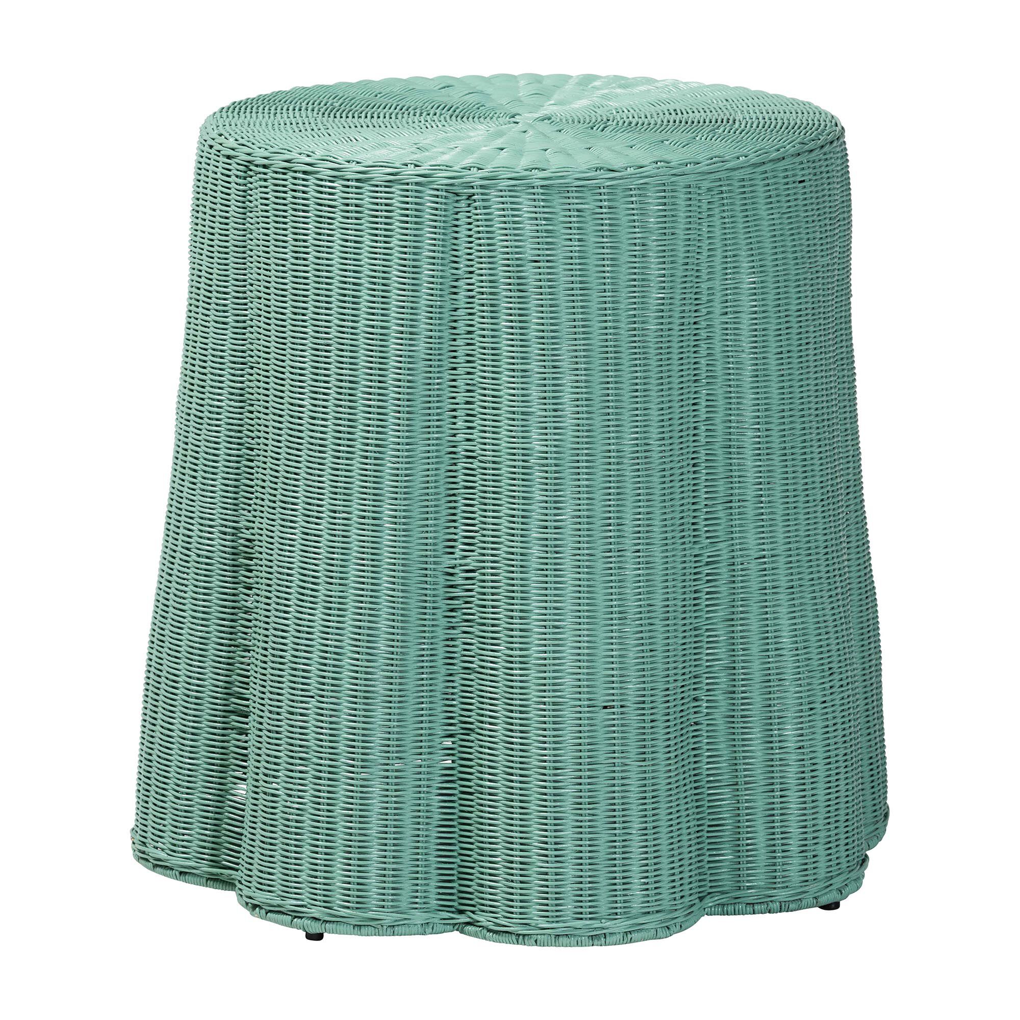 Palm Teal Green Scallop Natural Rattan Console Table, Round, TEAL GREEN, alternate image number 1