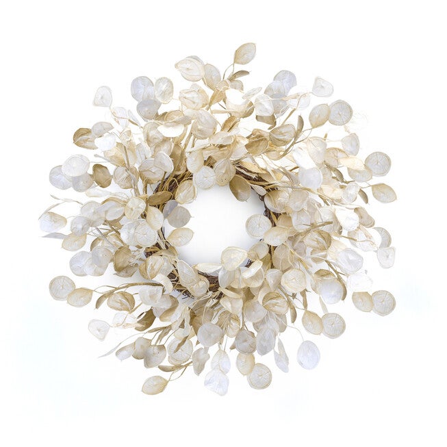 Ivory Silver Dollar Eucalyptus Wreath 27.5 inchesD, BEIGE, hi-res image number null