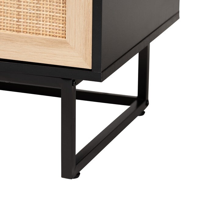 Declan Mid-Century Modern Espresso Brown Finished Wood And Natural Rattan 2-Door Storage Cabinet, , alternate image number null