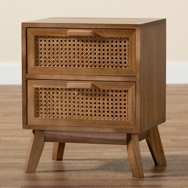 Baden Mid-Century Modern Walnut Brown Finished Wood 2-Drawer Nightstand With Rattan, , alternate image number 8