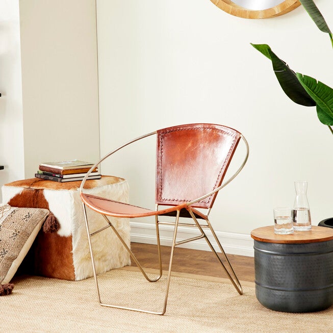 Brown Goat Leather And Iron Accent Chair Round Chair, , alternate image number null