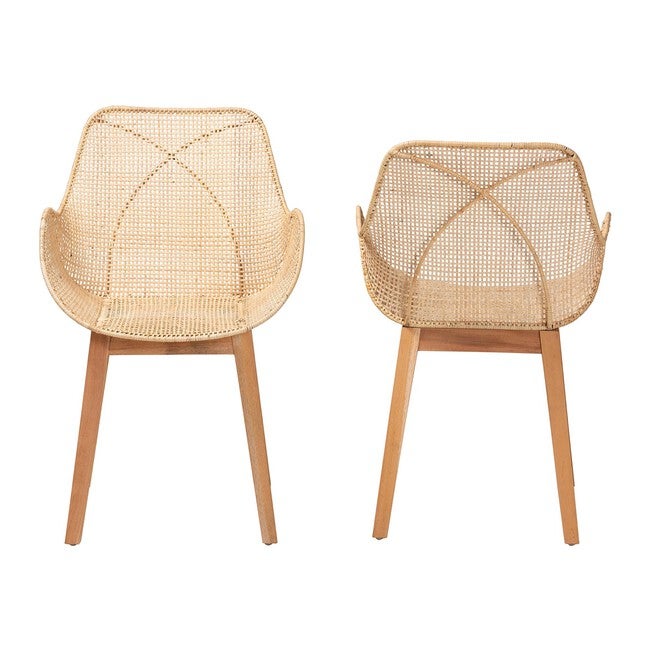 Ballerina Japandi Natural Brown Finished Mahogany Wood And Rattan 2-Piece Dining Chair Set, , on-hover image number null