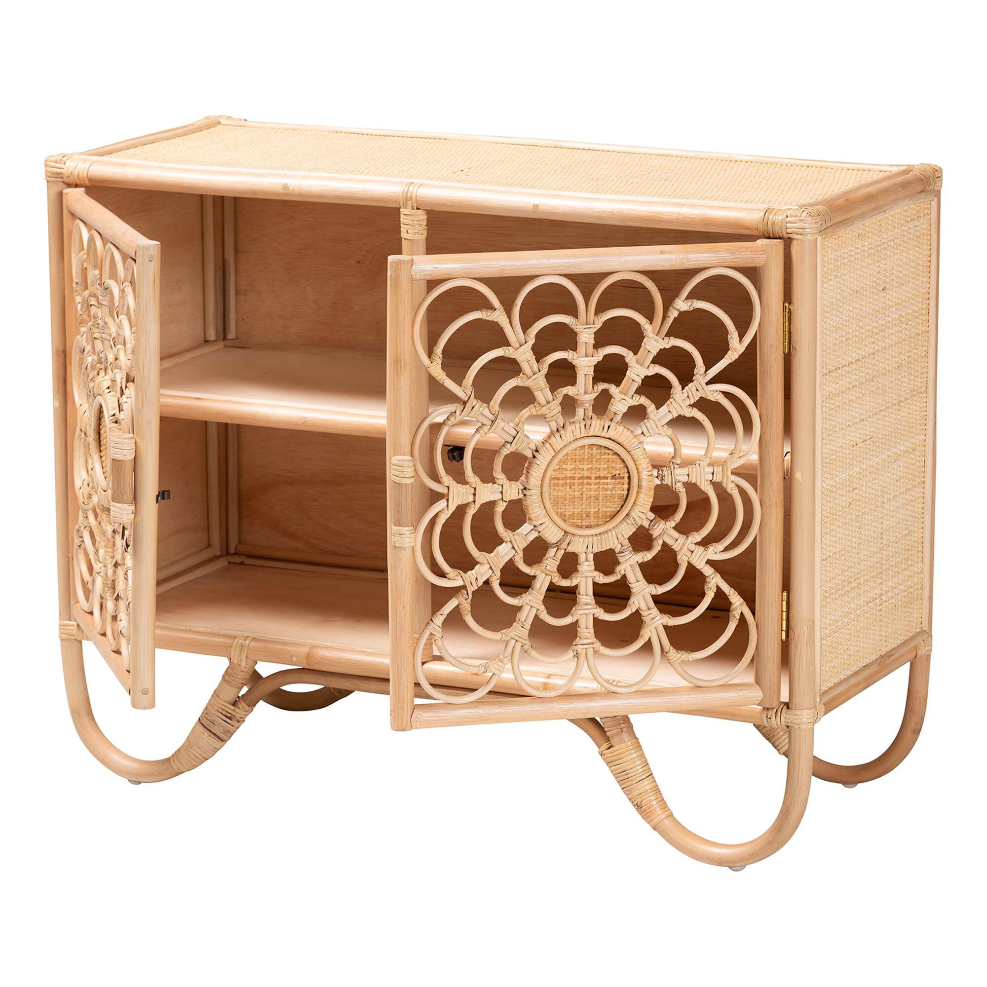 Acelin Natural Rattan Storage Cabinet - Handcrafted Boho Accent Console with Floral Woven Doors, NATURAL, alternate image number 2