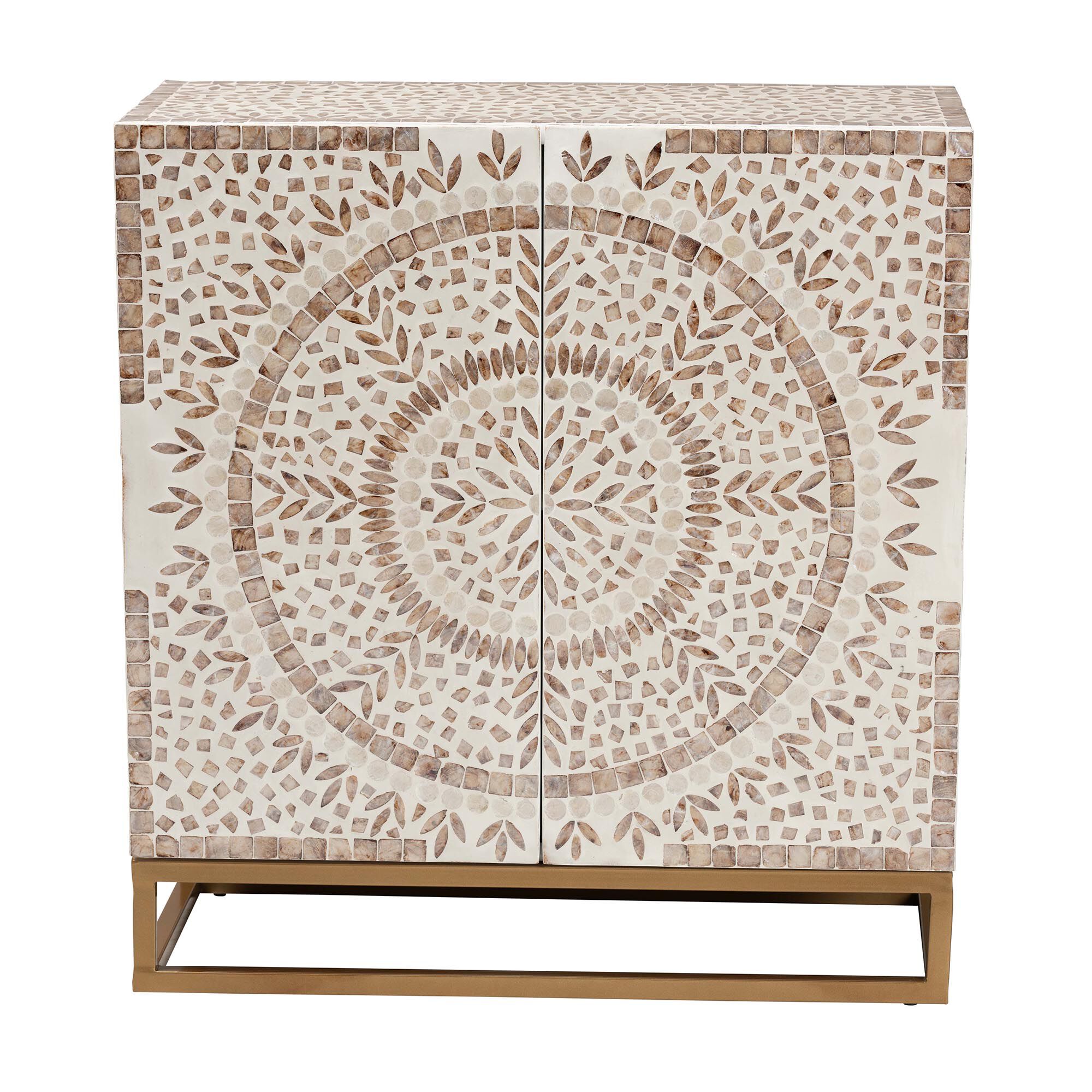 Ercilia Modern Bohemian White and Rustic Brown Mother of Pearl Storage Cabinet, WHITE, alternate image number 4